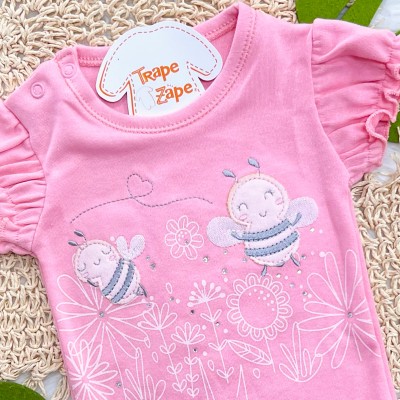 Kit 3 Peças - Bodys Manga Curta Abelha Fofa com Tule - Rosa, Off White e Rose